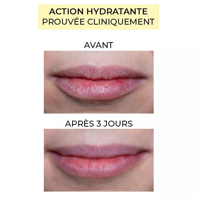Rouge à lèvres hydratant rouge couture Pomponne comparaison avant après